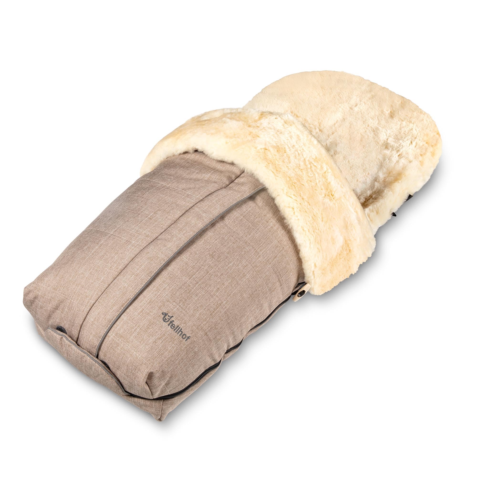 Fellhof 108308 Lammfell Fußsack Cortina, OEKO-TEX® Standard 100 zertifiziert, 45x97 cm, wind- und wasserdicht, waschbar bis 30°C, Öffnung am Fußende (beige-melange)
