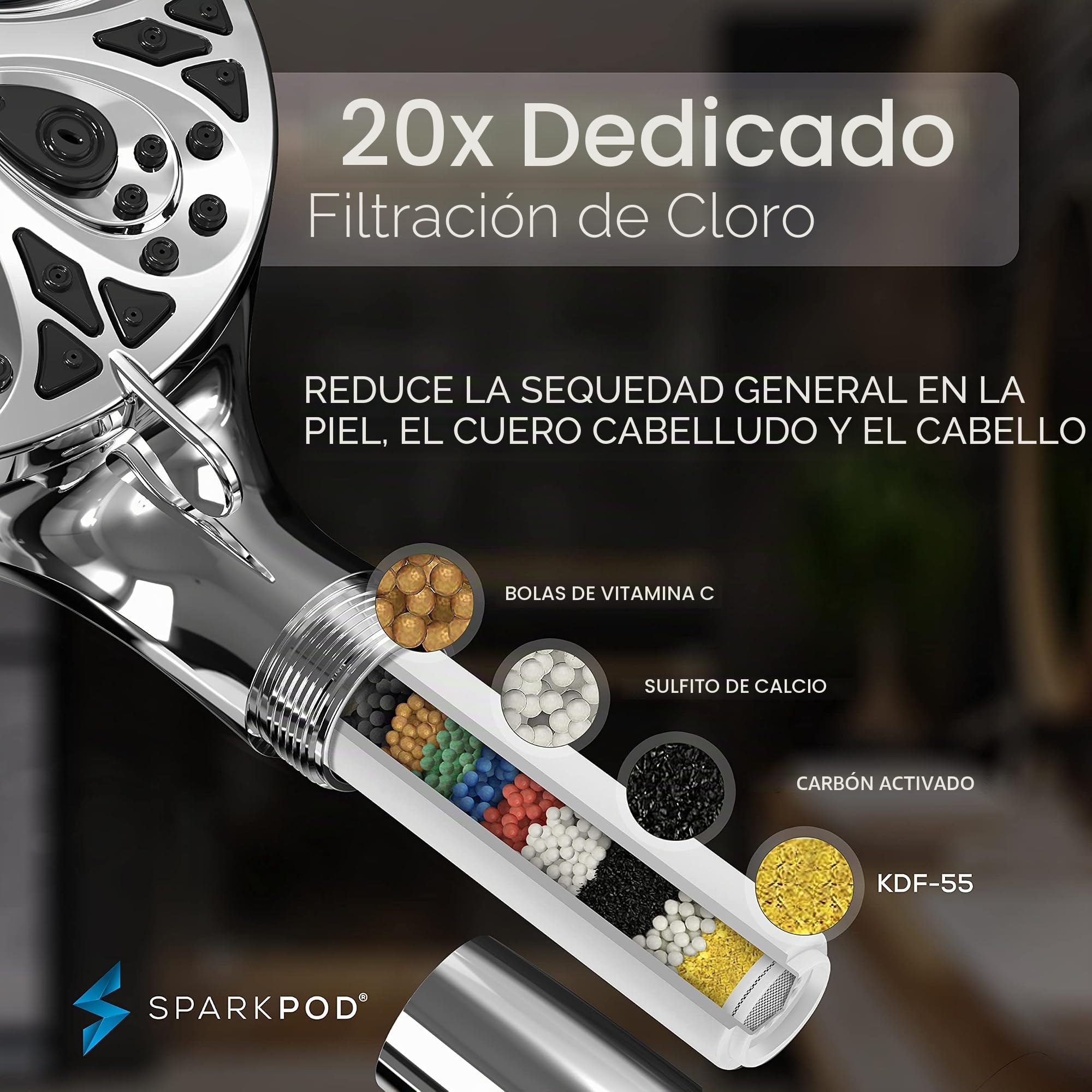 SparkPod, Juego de alcachofa de ducha de 10 modos con filtro de alta presión de 13 cm con boquillas táctiles para limpiar, chorro de energía integrado, manguera de acero inoxidable de 1,8 m y soporte