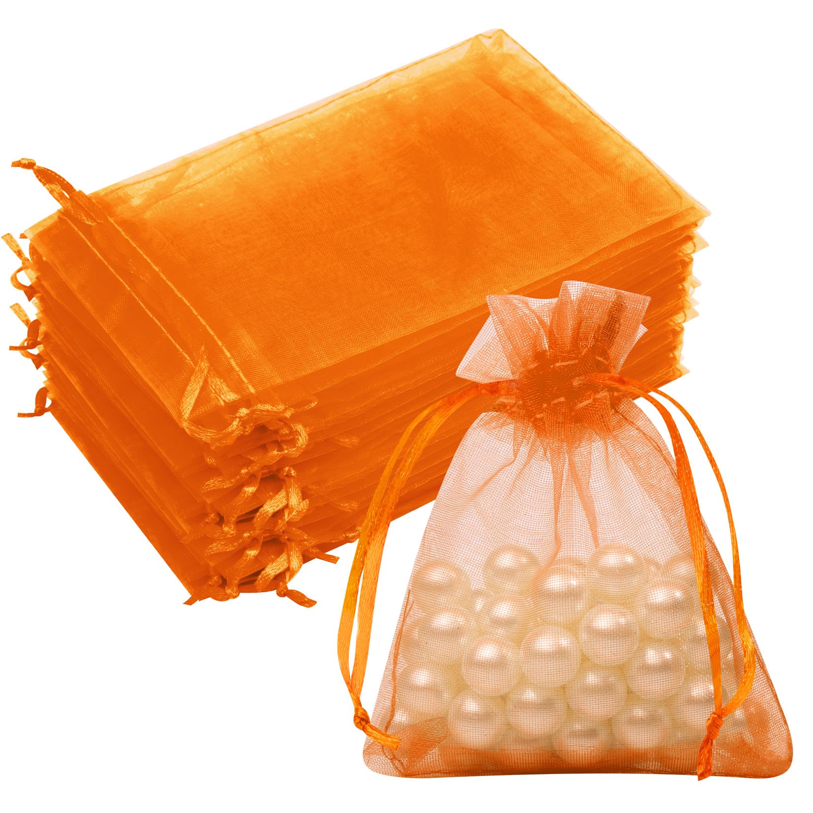 50PCS Orange Organza Bags 3x4, Small Gift Bags Mesh Drawstring Pouches Mini Sheer Baggies for Jewelry Candy Sachet Goodie Party Favor Bag for Birthday Wedding Gifts Halloween Christmas