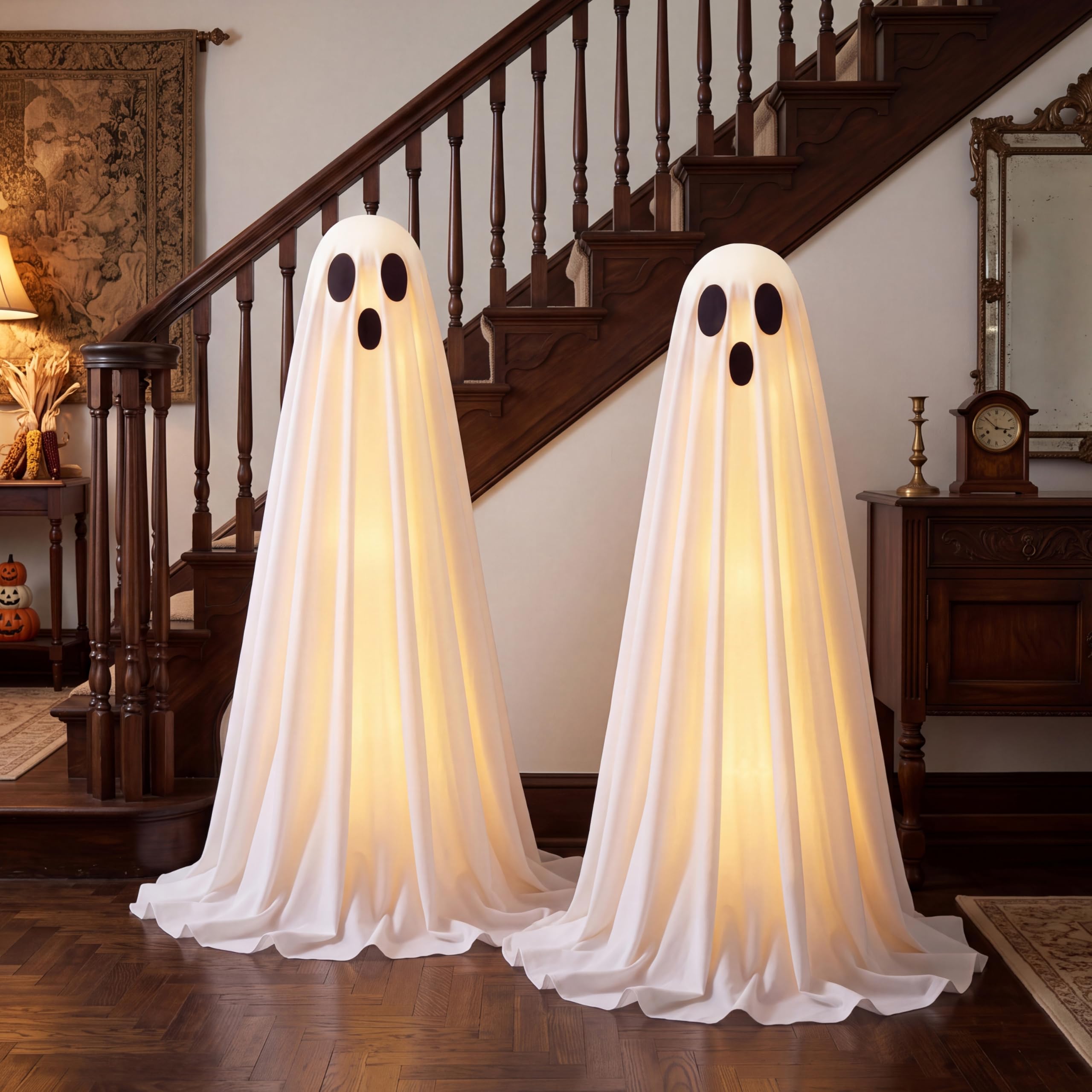 JOYIN 2 Pack 47'' Halloween Decorations Outdoor Light Up Ghost with Timer, Standing Ghost Halloween Decor with Warm String Light for Yard Porch Lawn Garden Party Supplies