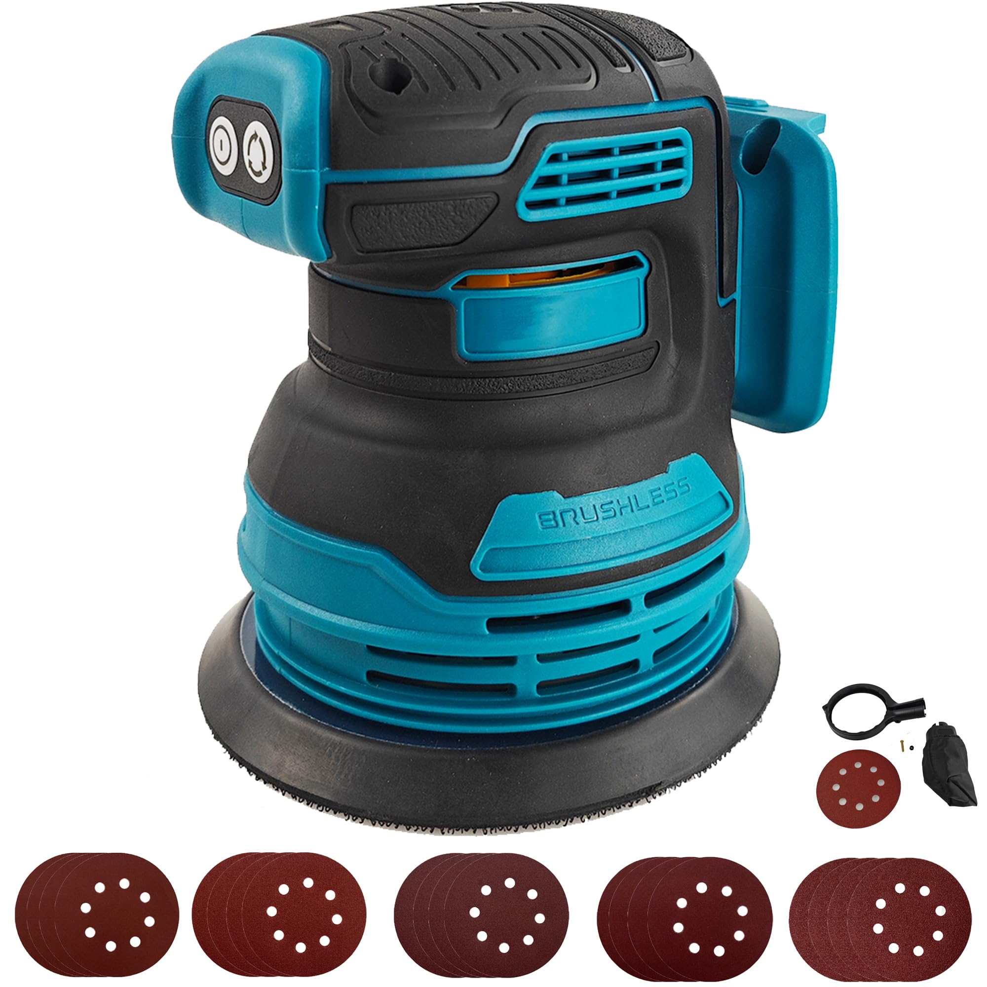 Brushless Random Orbital Sander Compatible with Makita 18V Battery, 5" Brushelss Electric Random Palm Sander with 20pcs 125mm Sandpaper, 3-Speed Rotation 8 Hole