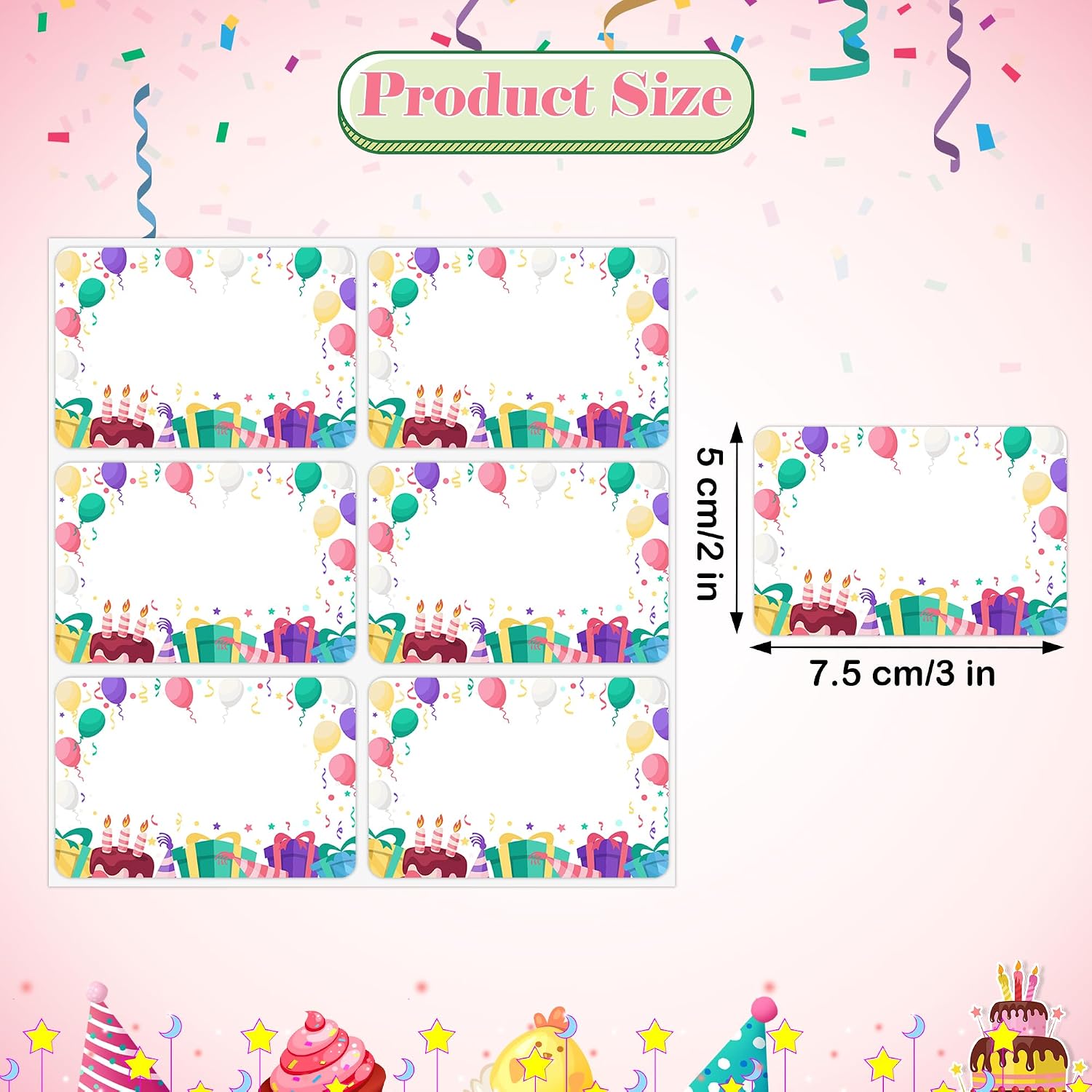 Lucleag 180PCS Birthday Name Tags Stickers, Cake Balloons Name Stickers Gift Tags Name Labels Sticker for Kids Classroom Office Students Clothes Birthday Party, 2x3 inch