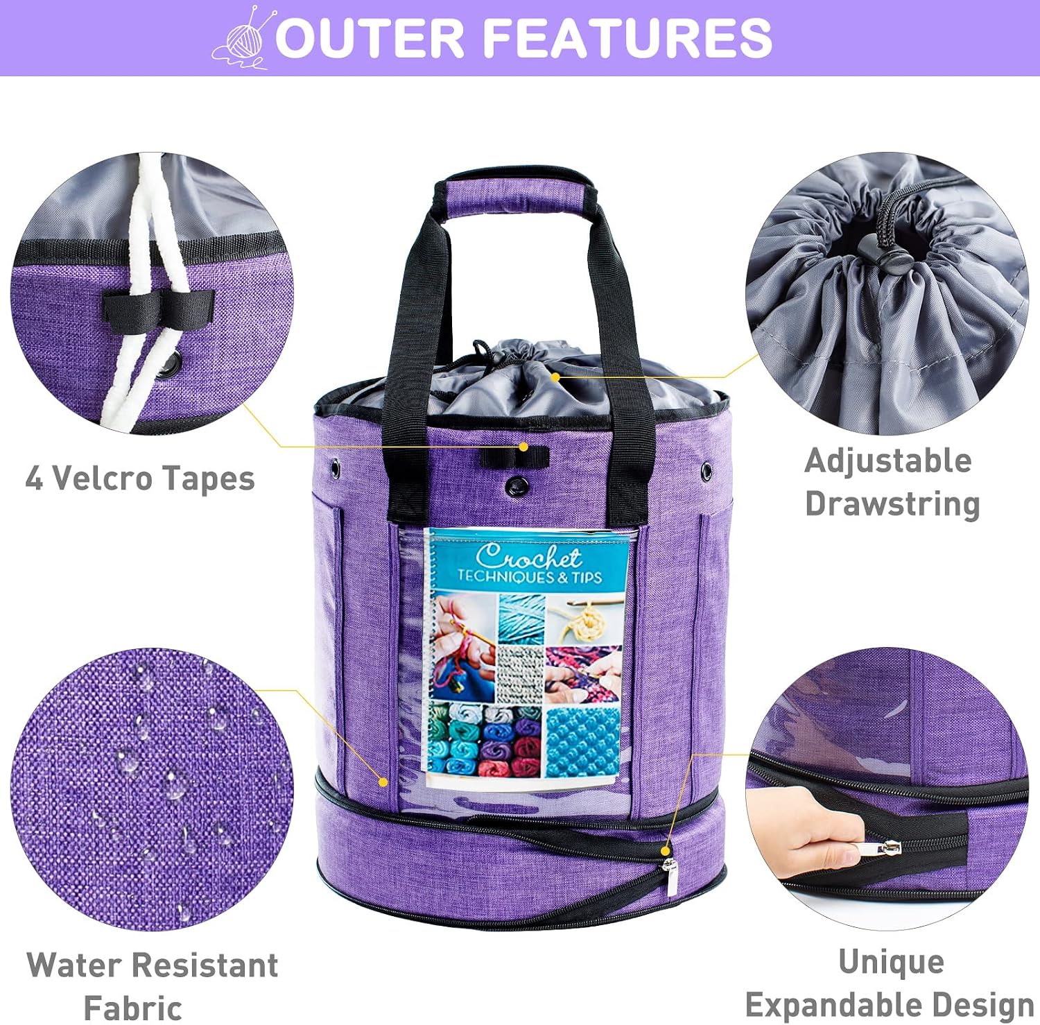 Expandable Yarn Storage Organizer, Crochet Bag & Yarn Tote with Zipper Closure, Yarn Holder for Crocheting and Knitting for Yarn Skeins, Hooks, Needles,Accessories – Gift for Crafters thumbnail