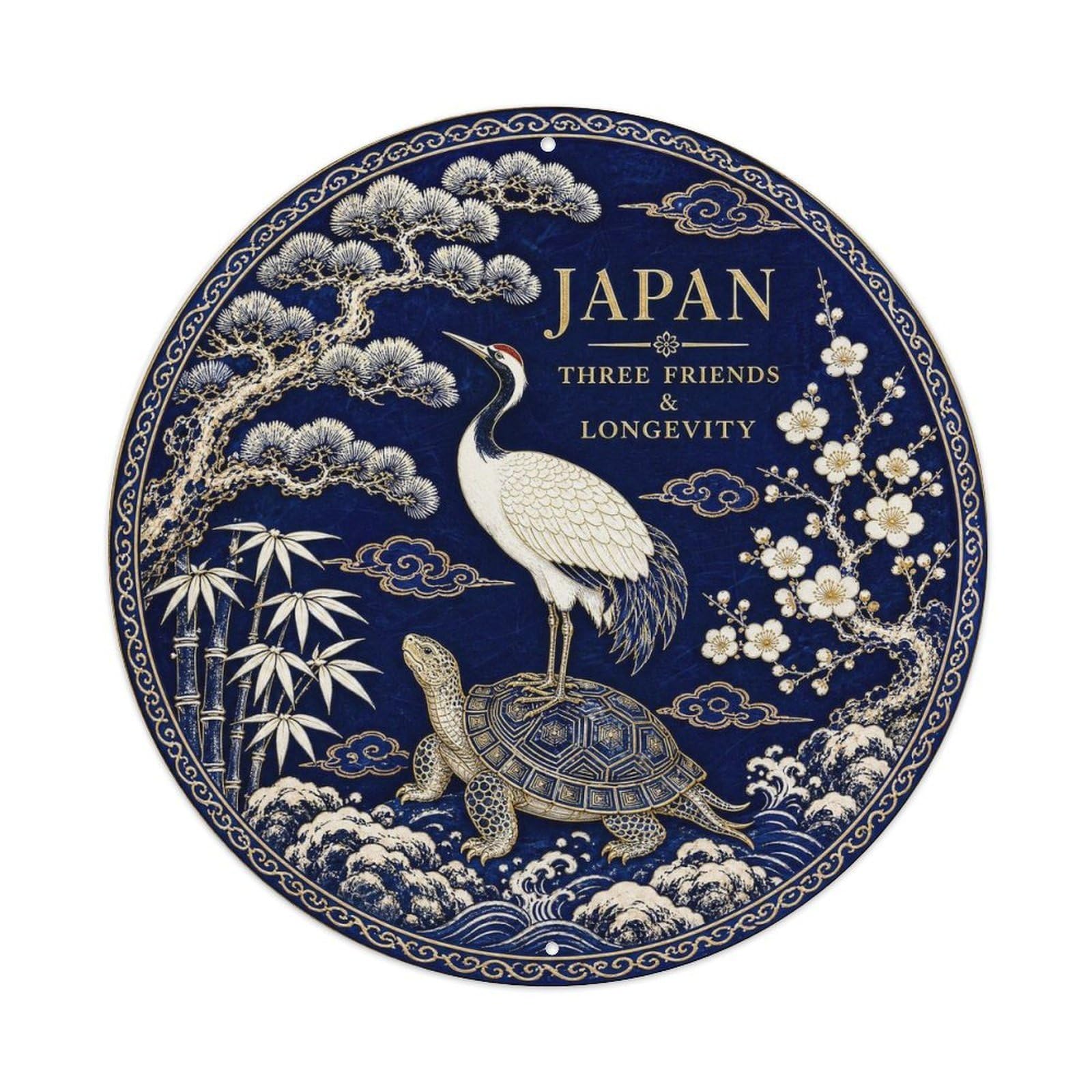 Olyhtr 8X8inch Classic Style Arita Japan Three Friends Crane Tortoise Ceramic Metal Tin Sign