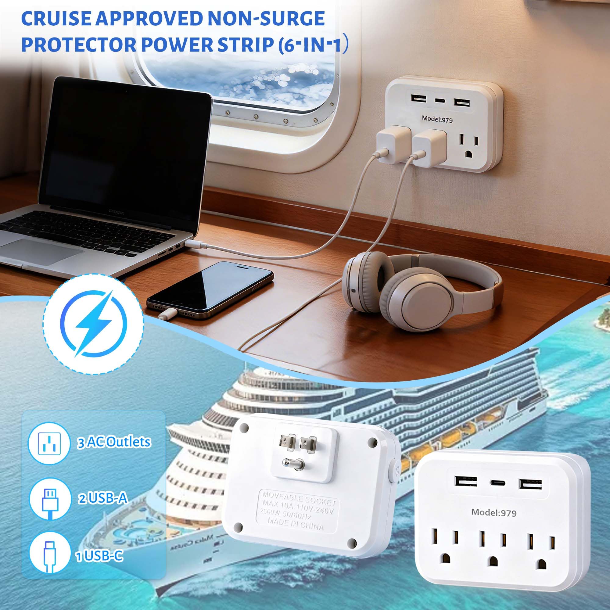 Cruise Essentials 2026, kit da crociera da 26 pezzi con protezione contro le sovratensioni, cannuccia telescopica, ganci magnetici, cordino, ganci, custodie impermeabili per telefono, filo