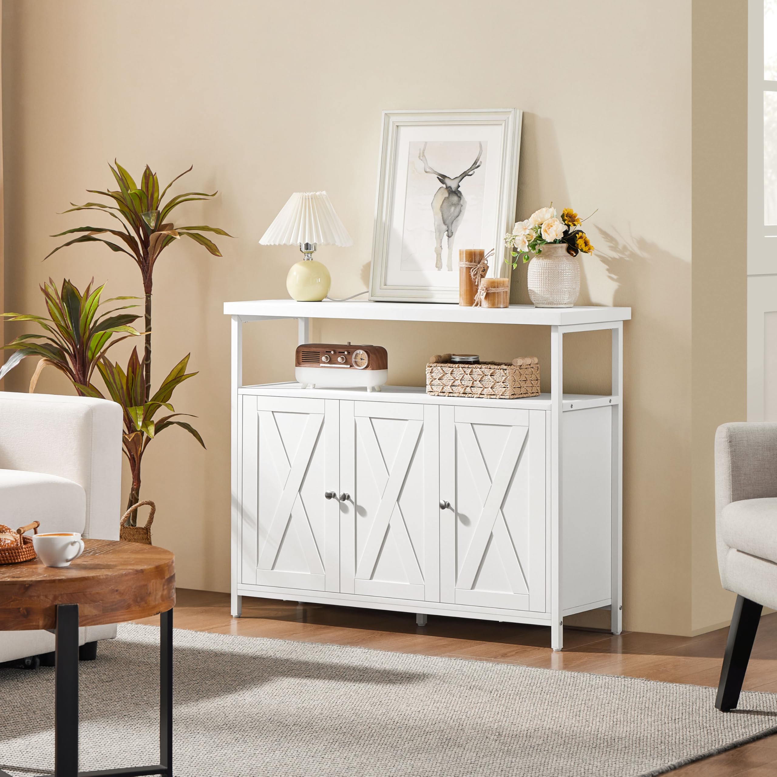 Yaheetech Credenza a 3 Ante Mobile da Cucina Armadietto Organizzatore con Ripiani Regolabili e Scomparto Aperto 100x35x81,5 cm per Sala da Pranzo e Soggiorno