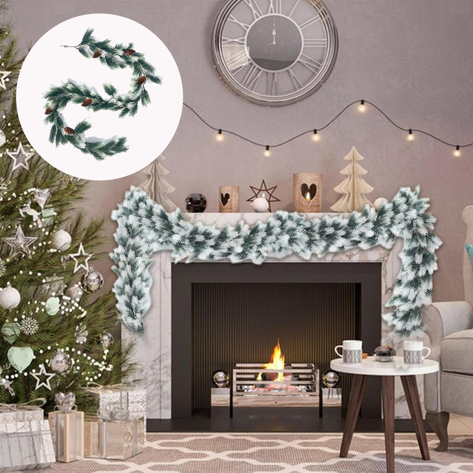 Ghirlanda di Natale in rattan – 2m ghirlanda natalizia artificiale di aghi di pino, Centrotavola centrotavola, ghirlande di Natale artificiali, picchetti verdi artificiali（Con coni di pino）