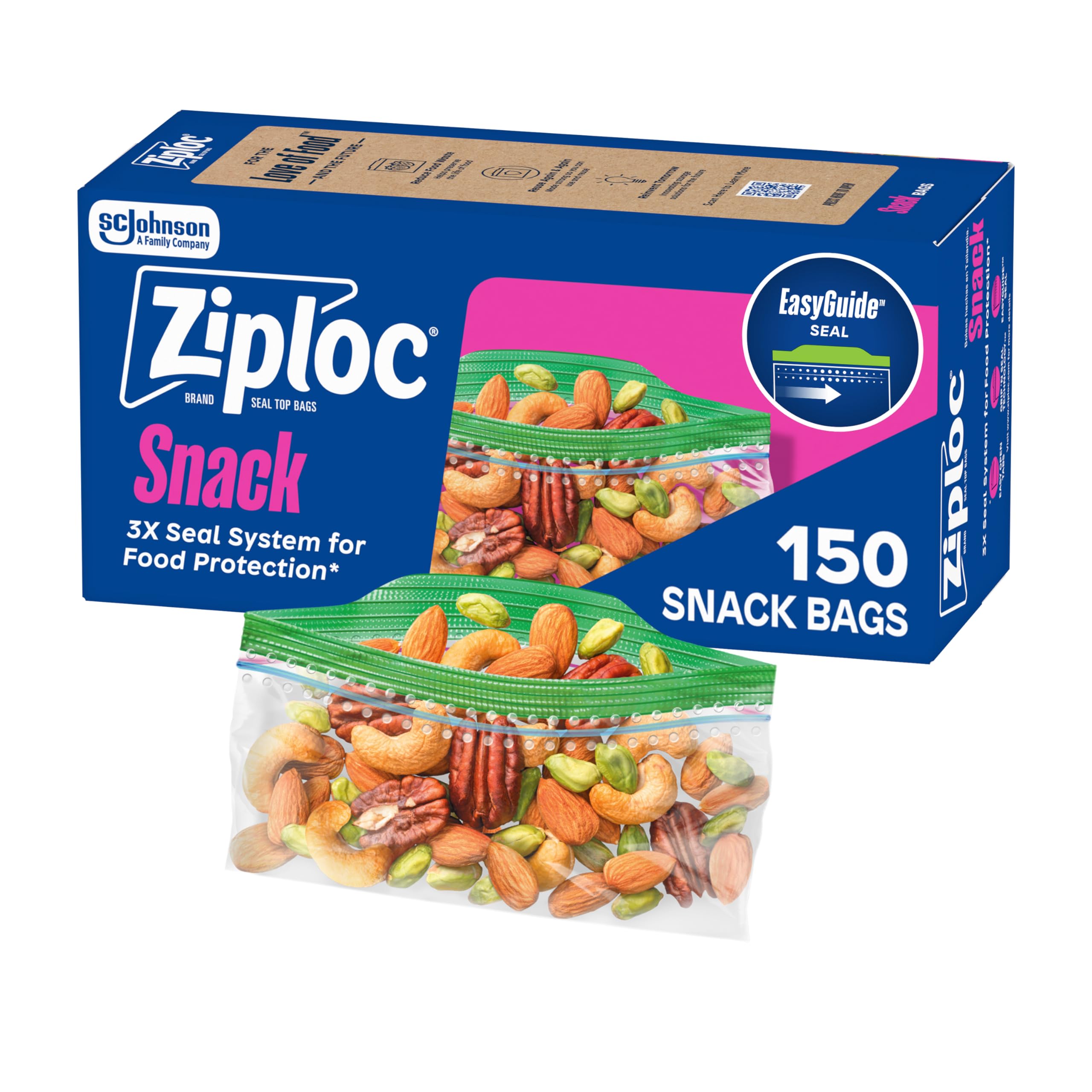 Ziploc Snack Bags with EasyGuide Texture, Small Plastic Storage Bags with Grip 'N Seal Technology, 150 Bags Total (Packaging May Vary)