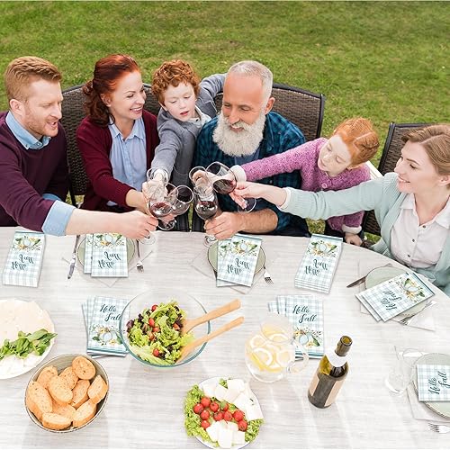 Miniatura 7 de Paquete de 100 toallas de mano de papel desechables de color azul con texto en inglés Hello Fall, suministros de fiesta de calabaza, a cuadros,