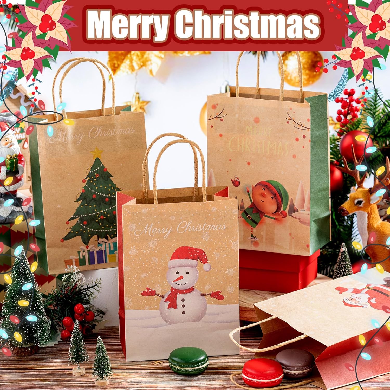 AmazingSpark 48 Pcs Christmas Kraft Gift Bags with Handles 4 Designs 5.91 x 3.15 x 8.27 Inches Xmas Paper Goody Bags Bulk for Treat Red and Green Holiday Party Favors Decoration Supplies(Classic)