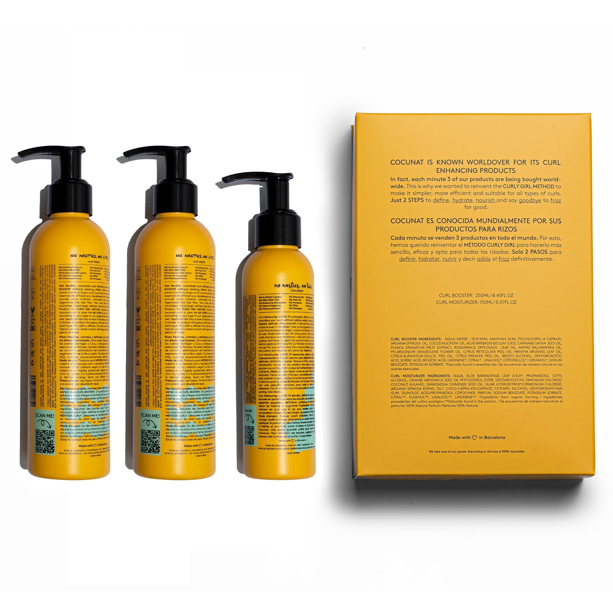 COCUNAT Curly Essentials Leave-In + 2 Booster Método Curly | Acondicionador sin aclarado + 2 geles definidores. Rizos profesionales en 2 pasos. Toxic Free, sin siliconas ni sulfatos.