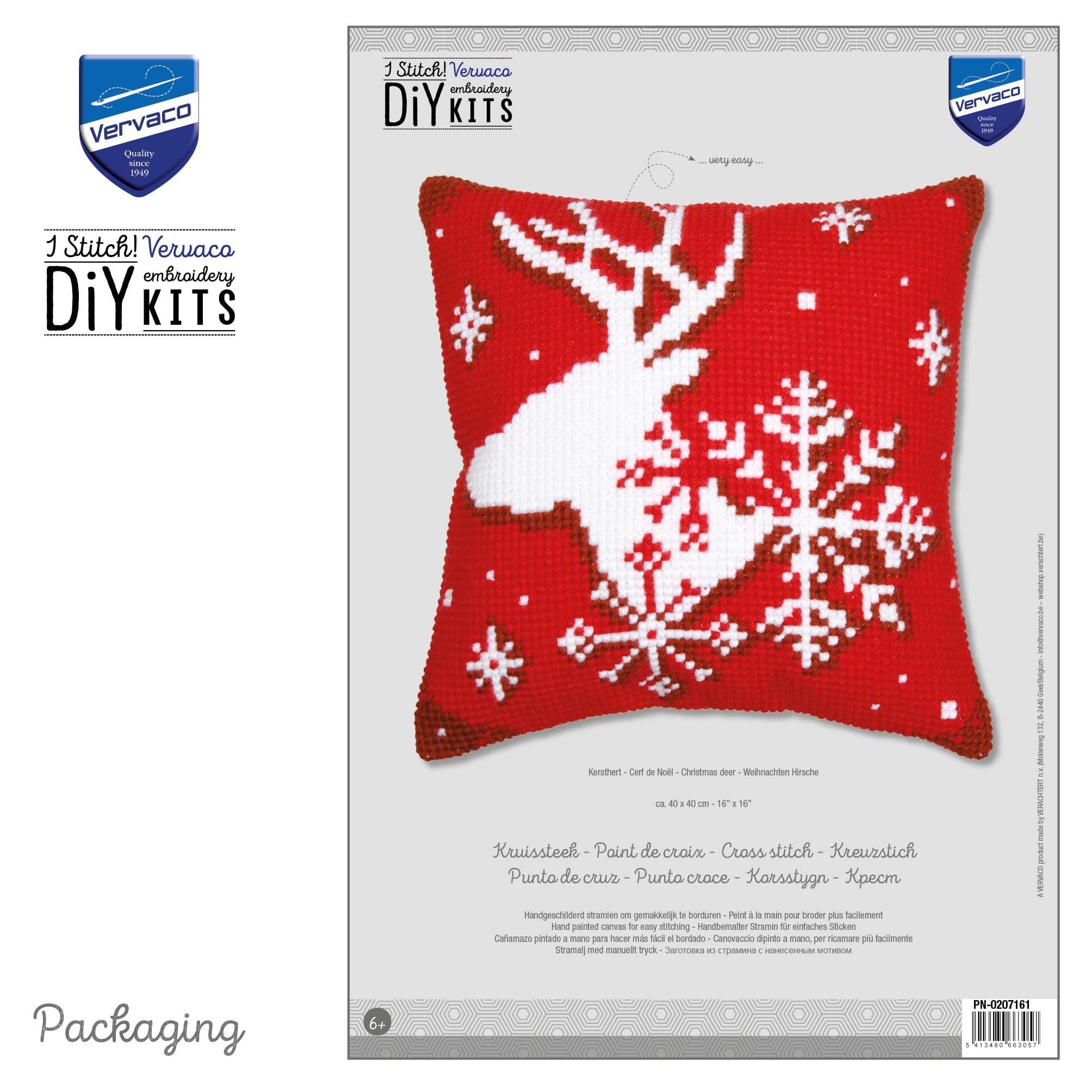 Vervaco Punto De Cruz Kit Cojin Decorativo CIERVO DE NAVIDAD Manualidades Adultos Decoracion Bordar Kit Principiantes Completo DIY Bordado Creativo Regalo 40 x 40 cm Cross Stitch