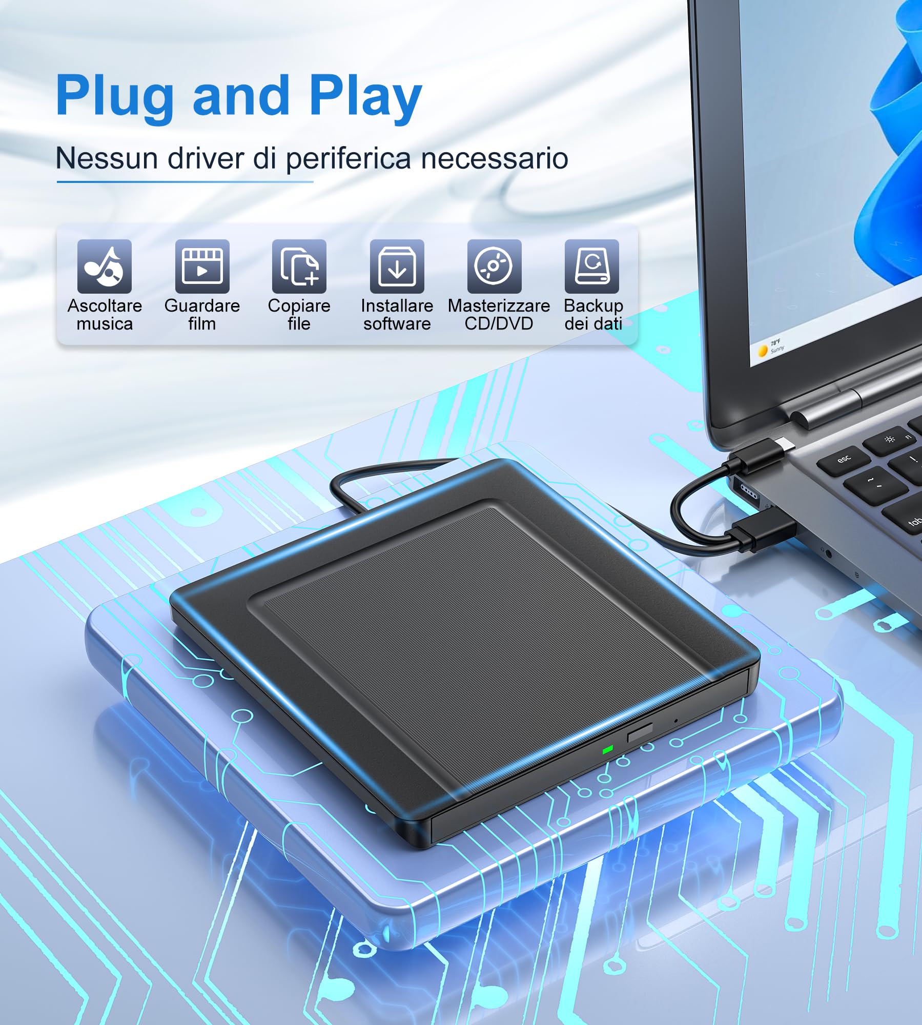 Lettore DVD CD Esterno per PC Portatile, Supersottile Masterizzatore CD/DVD +/-RW Drive CD ROM Unità DVD Esterne per Windows 11/10/8.1/7/XP/Vista/Linux/MacOS/Linux/Laptop/Desktop