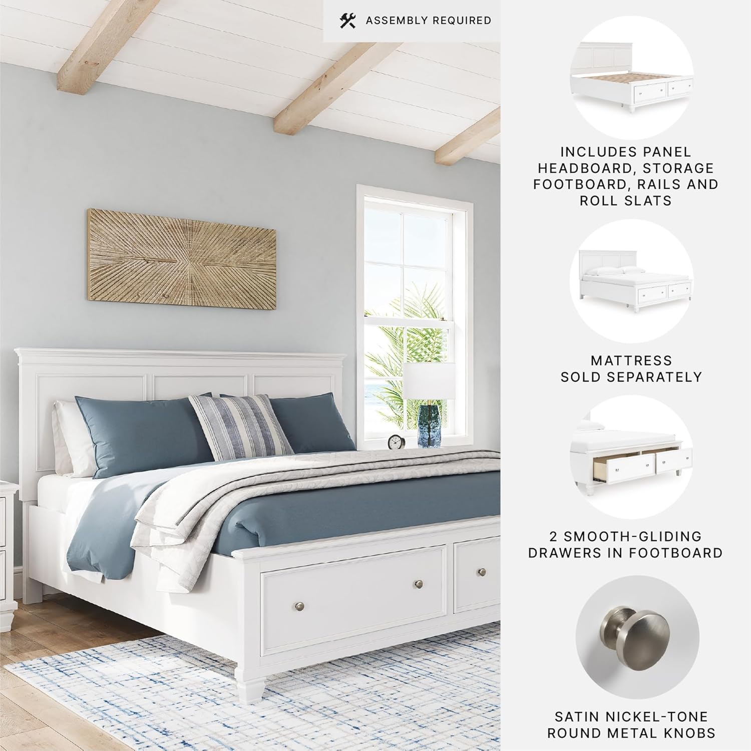 Signature Design by Ashley Fortman Farmhouse Panel Storage Bed, Foundation or Box Spring Not Needed, King, White