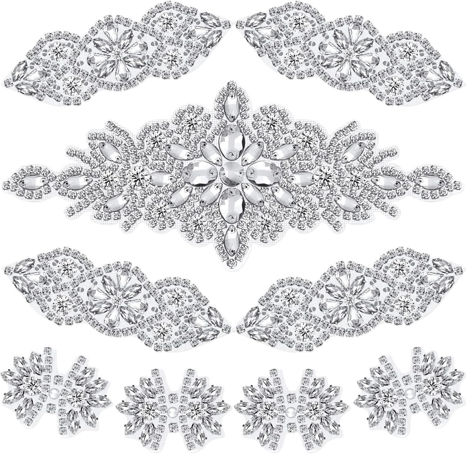 9 Pcs Rhinestone Applique Iron on Patch 3 Style Rhinestone Hot Fix Applique Wedding Hair Appliques for Bridal Wedding Dress Clothing Sash Crystal Belt Sewing Appliques for Shoes(Silver)