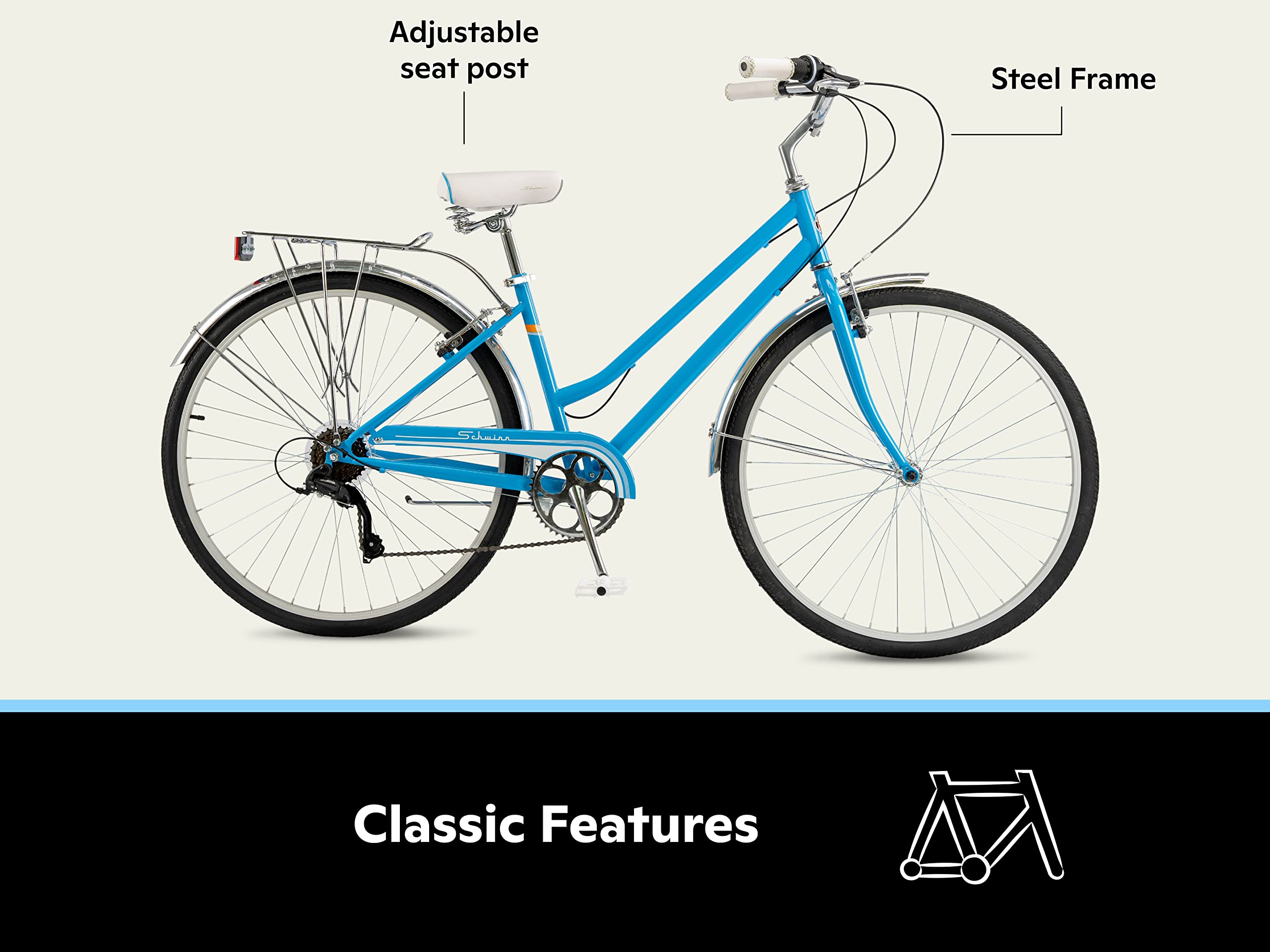 Schwinn Wayfarer 500 - Bicicleta híbrida unisex, ruedas 700c, marco de acero HI-TEN de 16 pulgadas, manetas de cambio de 7 velocidades, bastidor de carga trasero, azul cielo