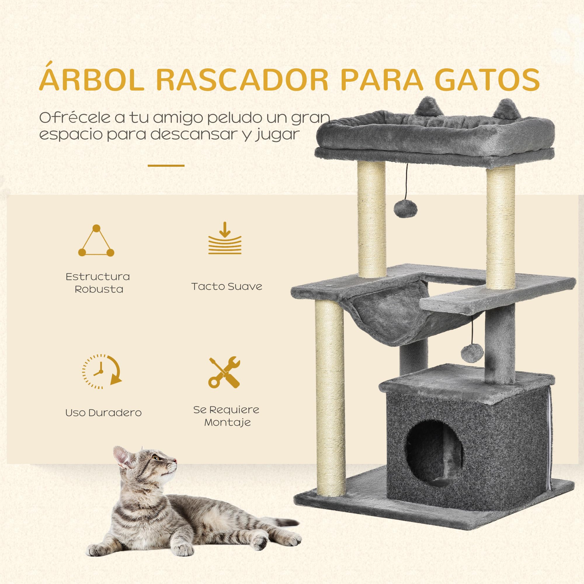 PawHut Árbol Rascador para Gatos Altura 90 cm 3 Niveles 48x48x90 cm Gris | Árbol para Gatos, Torre, Nido, Hamaca, Plataforma, Bolas Colgantes, Poste de Sisal