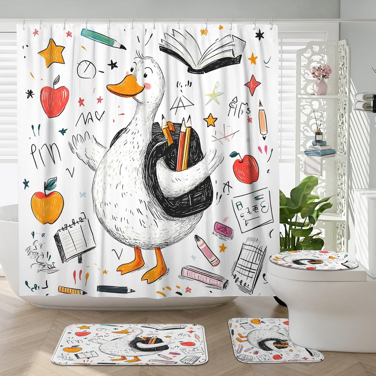 4PCS Cute Goose Bathroom Accessory Sets with Non-Slip Rug, U Shape and Toilet Lid Cover Mat, Back to School Kid Bathroom Fabric Decor-72''x72''