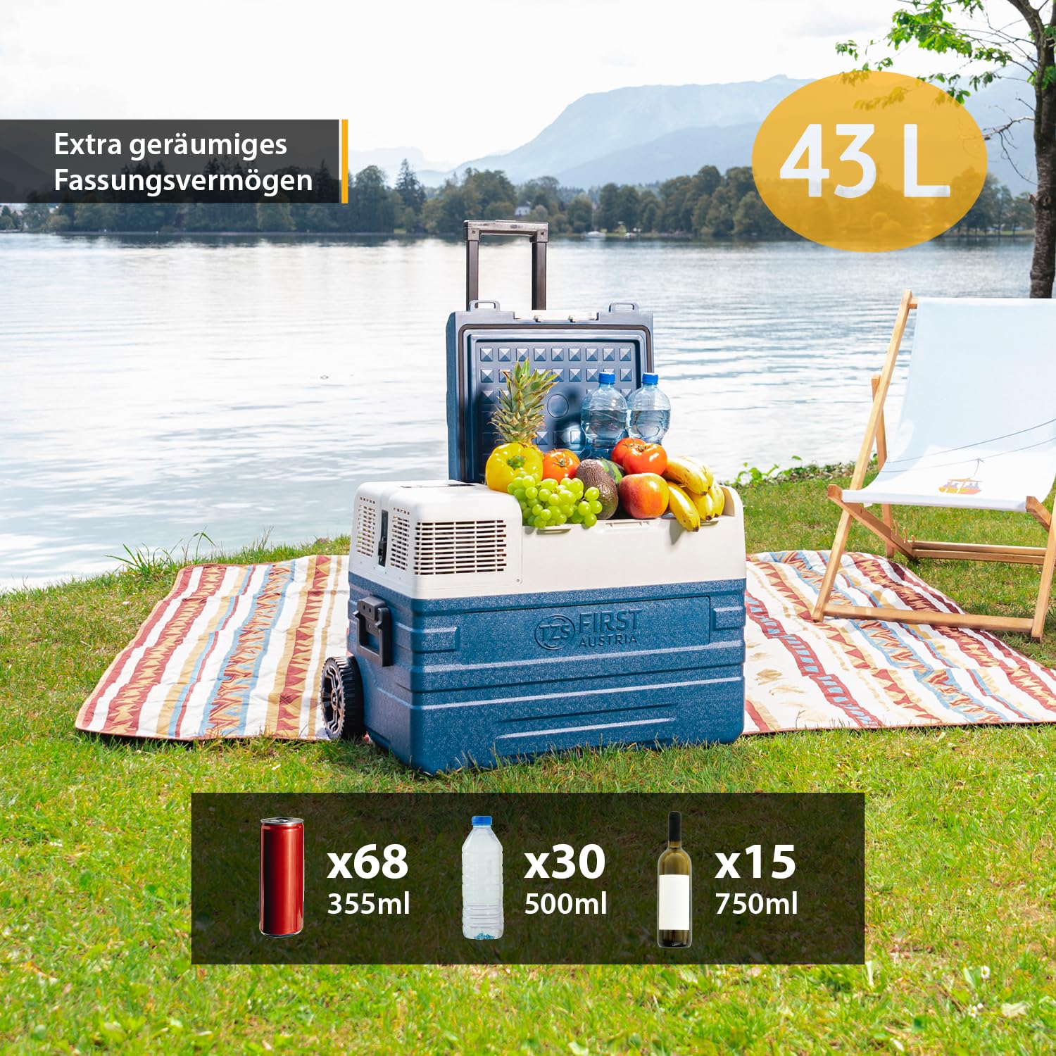 TZS First Austria - Kompressor-Kühlbox 43L - bis -20°C - Bluetooth-App - 45 dB(A) - AC 100-240V DC 12V 24V - Campingkühlbox - Blau-Grau
