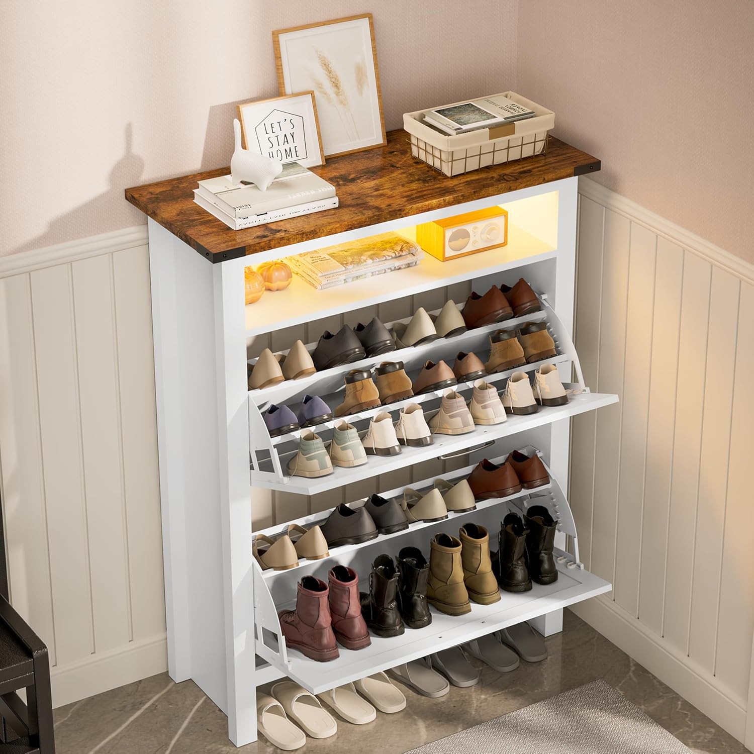 MU Shoe Cabinet with both flip drawers open, displaying shoes stored inside