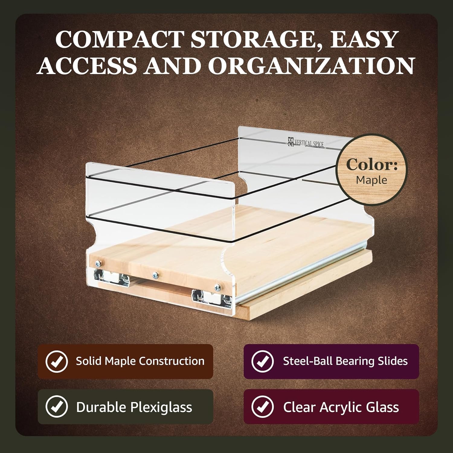 Vertical Spice Solid Maple Storage Rack Drawer - Sliding Spice Rack - Pantry Organizers and Storage - Kitchen Cabinet Organizer - Pull Out Shelf - Made in USA - 1 Drawer (6.9" W x 5.0" H x 10.6" D)