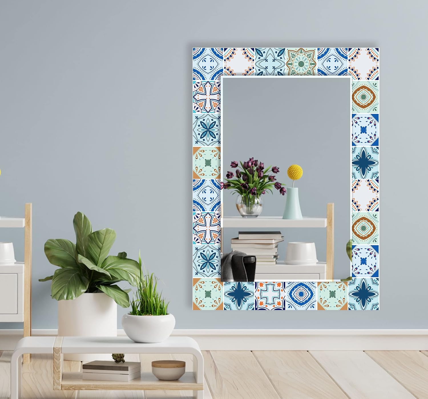 Bathroom Mirror Wall Decor for Bedroom 20x27.5''(Vertical) Blue Tile Mirror Decal-Makeup Mirror Design-Tempered Glass Wall Mirror Entryway Decor Gift for Her image 4