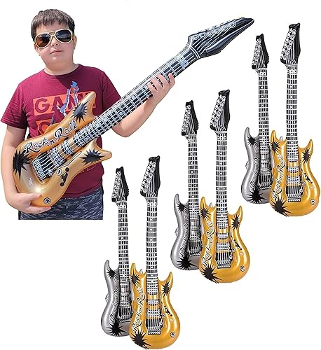 Zugar Land Guitarra inflable de roca vinilo de 42 pulgadas Regalo perfecto para fiesta DJ Dance 80 Rocker dorado y plateado paquete de 6 multicolor