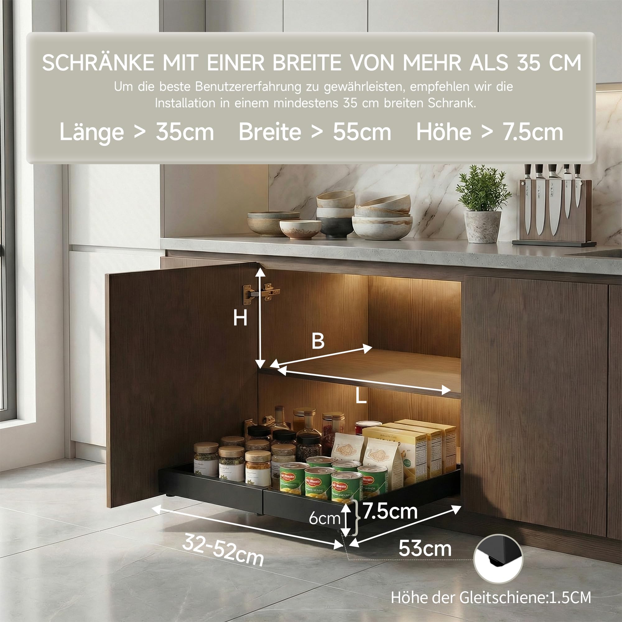 Auszug Küchenschrank 53 cm Tief ohne Bohren 2er-Pack Schubladen organizer Kohlenstoffstahl Teleskopschublade erweiterbare Breite 31-52 cm schwarz