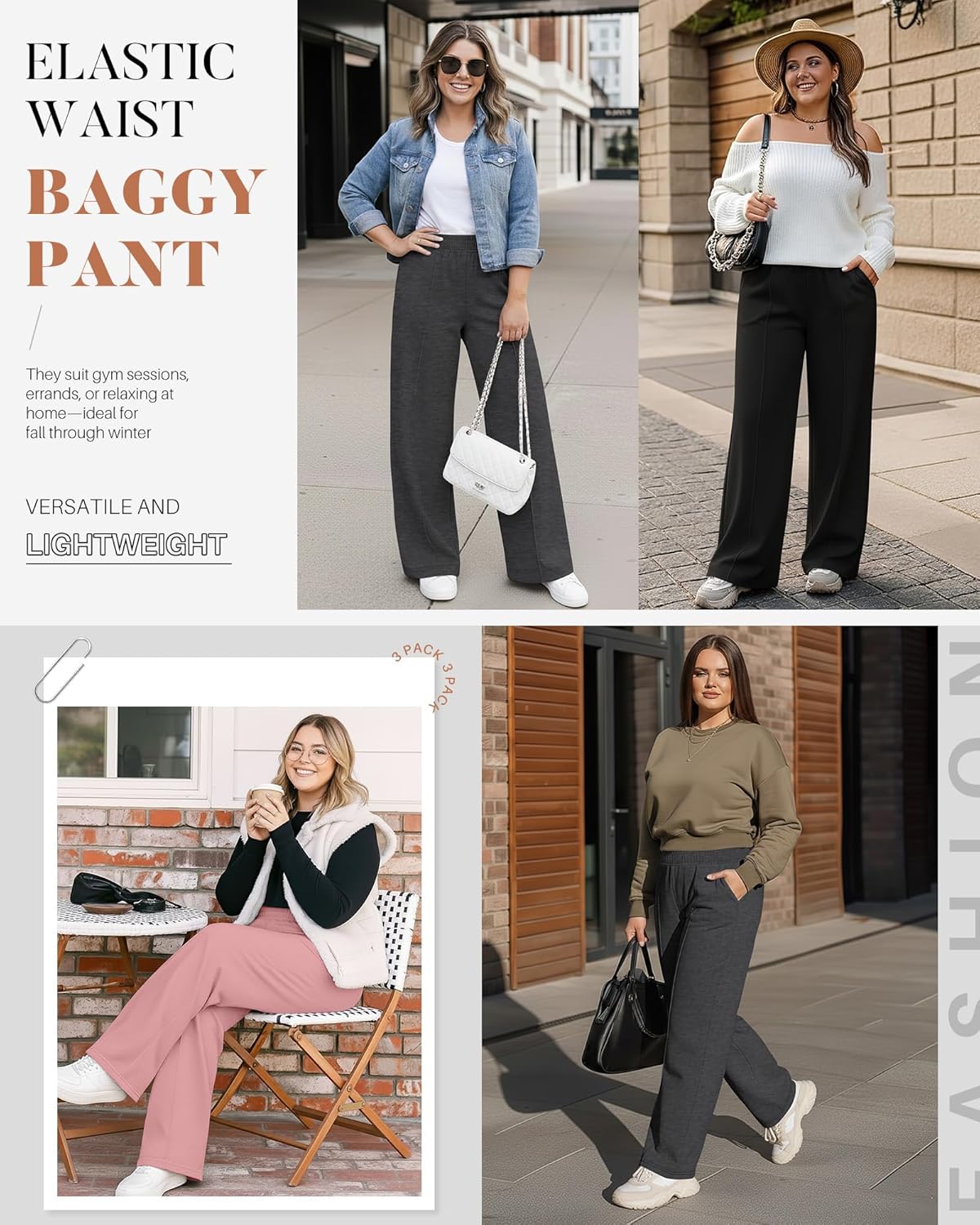 Neer 3 Pack Women's Plus Size Sweatpants, Wide Leg Lounge Pants Elastic Waist Baggy Pant with Pockets Casual Loose Fit Bottom - Image 2