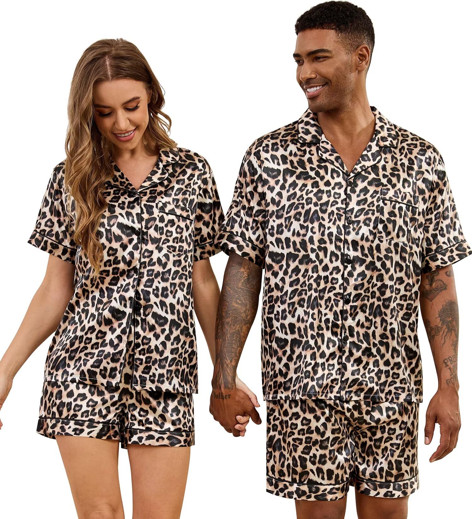SWOMOG Satin Matching Pajamas Sets Couple Silk Button Down Nightwear Women &amp; Men Short Sleeve Sleepwear 2 Pieces Loungewear