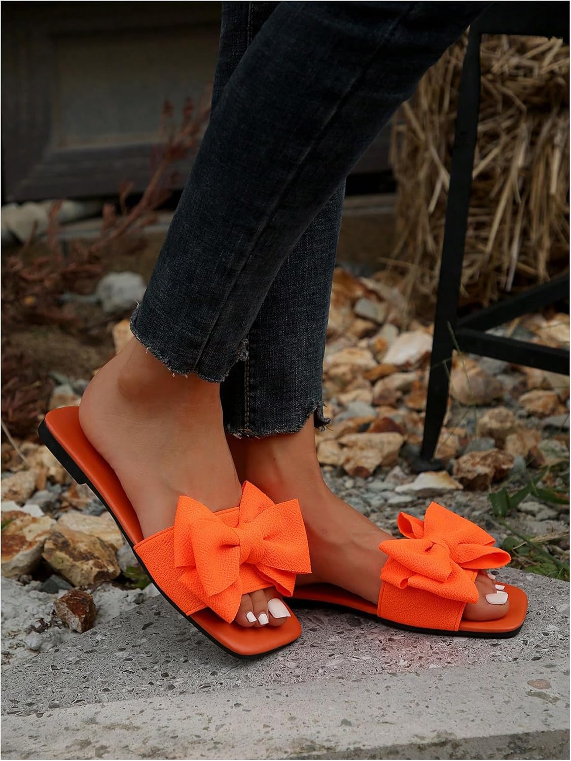 GORGLITTER Women's Bow Sandals Square Open Toe Slip on Dressy Summer Sandals Orange 7.5 - Image 3
