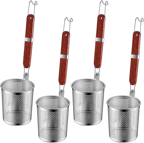 Tessco - 4 coladores de pasta, 5.9 x 6.3 pulgadas, cesta de pasta de acero inoxidable con mango de madera, colador de araña, desnatador de cocina