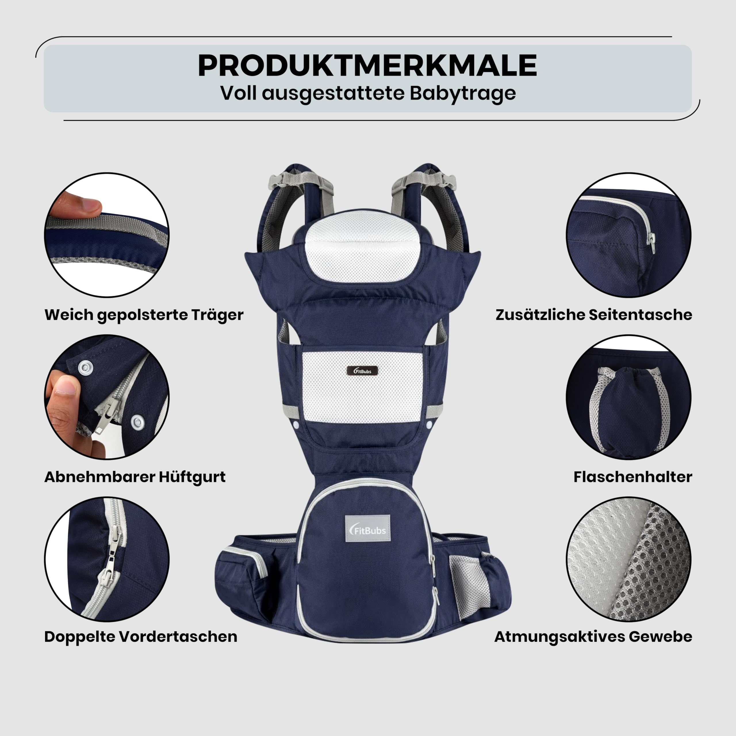 Portabebés con asiento de cadera – Ergonómico y transpirable, para la parte delantera y la cadera para bebés y niños pequeños (azul oscuro)