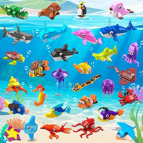 Miniatura 8 de Paquete de 30 recuerdos de fiesta de San Valentín para niños, 824 piezas de bloques de construcción de animales marinos para el día de San Valentín,