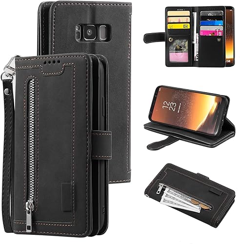 EYZUTAK Funda de teléfono tipo cartera para Samsung Galaxy S8, retro mate 9 ranuras para tarjetas, funda de bolsillo con cremallera, cierre