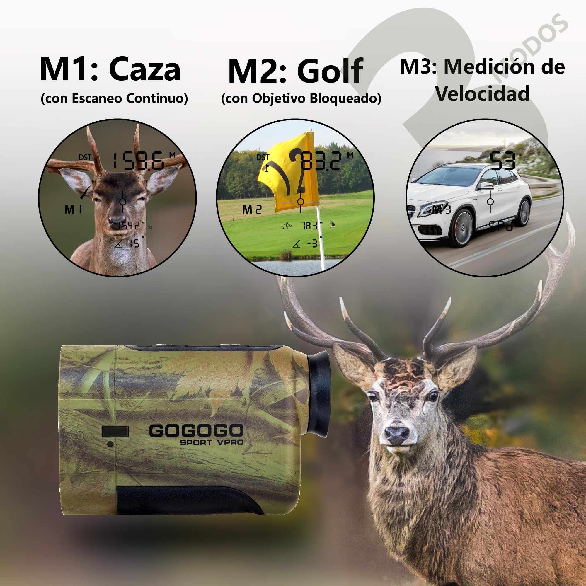 Gogogo Sport Vpro Telémetro Caza Golf 1097 M/Yardas, Medidor Laser 3 Modos de Bloqueo de Bandera & Vibración, Escaneo, Velocidad, Pantalla HD Precisión ±1yd, Batería Gratis