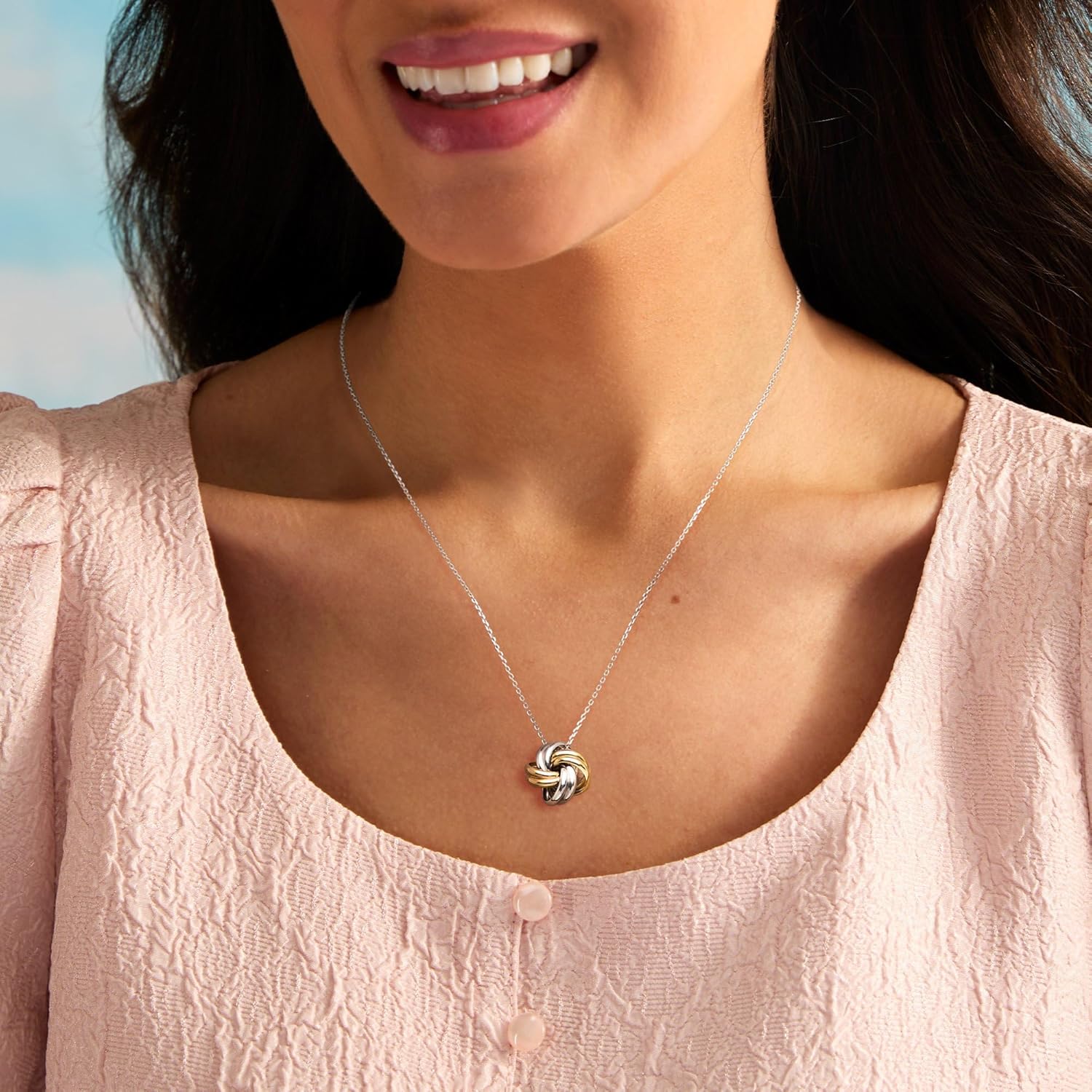 Ross-Simons Italian Sterling Silver and 18kt Gold Over Sterling Love Knot Necklace. 18 inches