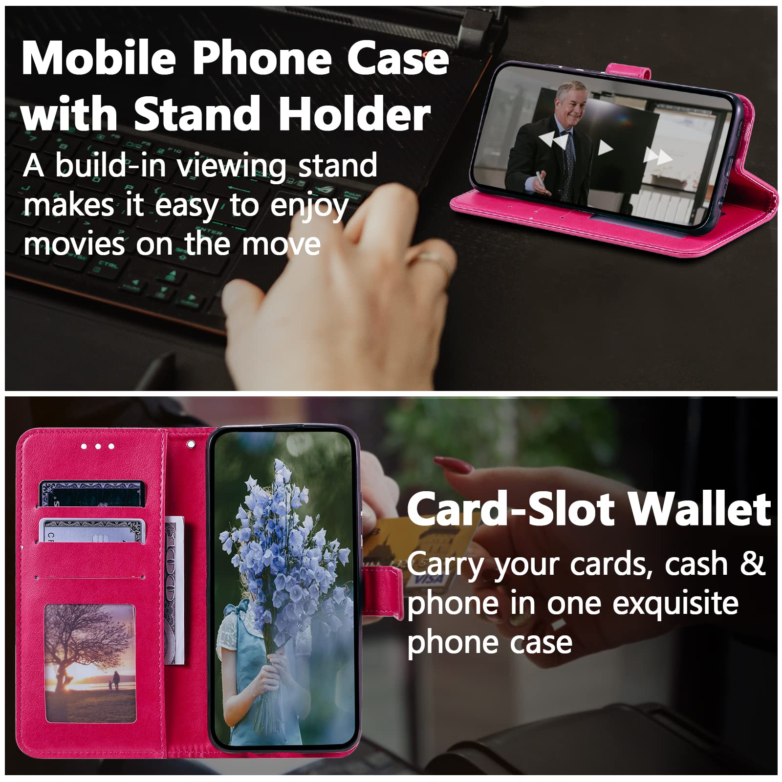 EYZUTAK Mandala Phone Cover for Samsung Galaxy S24, Slim Flip Wallet Case with Card Slots Magnetic Closure Embossed Mandala Flower PU Leather Protective Case with Stand Function and Lanyard - Red