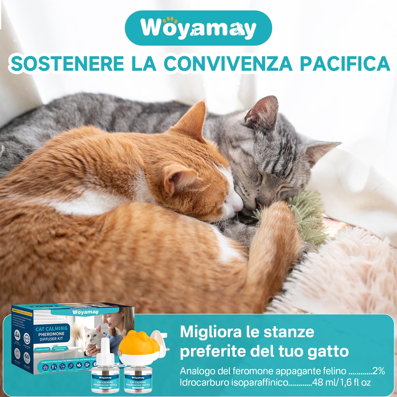 Woyamay Diffusore Feromoni per Gatti con 2 Diffusori + 4 Ricariche 48 ml, Calmante eTranguillante per Gatti, Antistress Gatto Fino a 120 Giorni