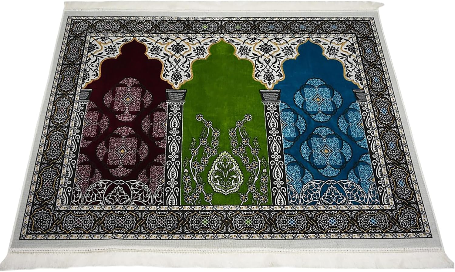 Modefa Turkish Islamic Prayer Rug - Wide Plush Velvet Mat - Multi Person Muslim Janamaz for Family - Large Gathering & Group Sajada Carpet - Floral Arch - 3 Person (17-11)