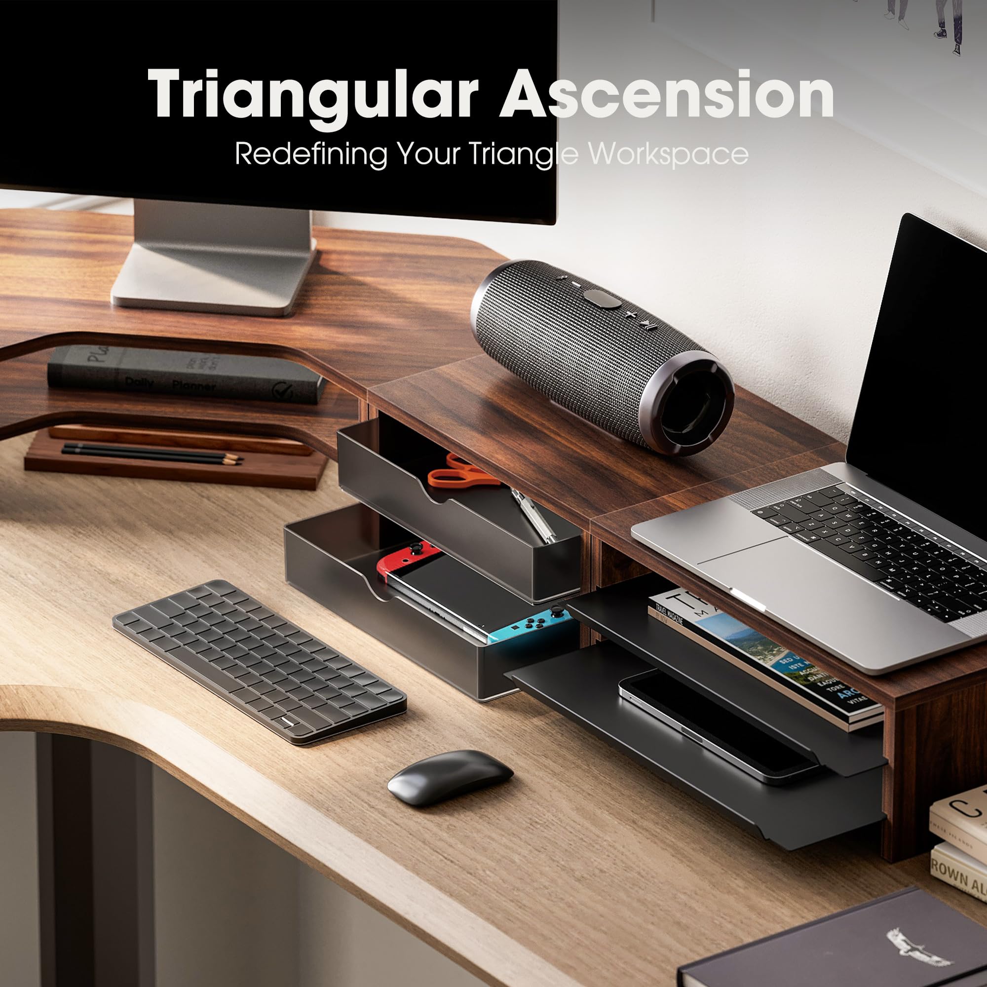 Fenge Monitor Stand 3 en 1, Support Moniteur Bureau, avec Tiroirs, Plateaux, Forme en L, Combinaison Libre, Réhausseur d'Écran, pour Bureau Domicile, PC, Ordinateur Portable, Imprimante, TV (Marron)