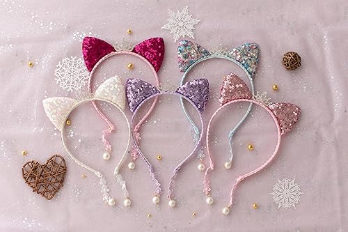 Miniatura 3 de Summer Crystal Diadema con orejas de gato y lentejuelas con dijes, diadema de orejas de gatito para niñas, accesorio ideal para el cabello para
