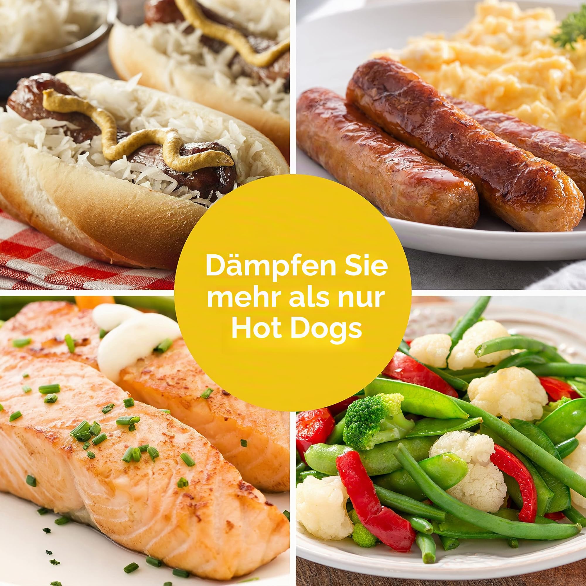 Nostalgia Oscar Mayer Hot Dog Dampfgarer und Brötchenwärmer, 8 Hot Dog und 4 Brötchen, Dampfbrötchen, Würstchen, Gemüse, Fisch, Knödel, Gelb