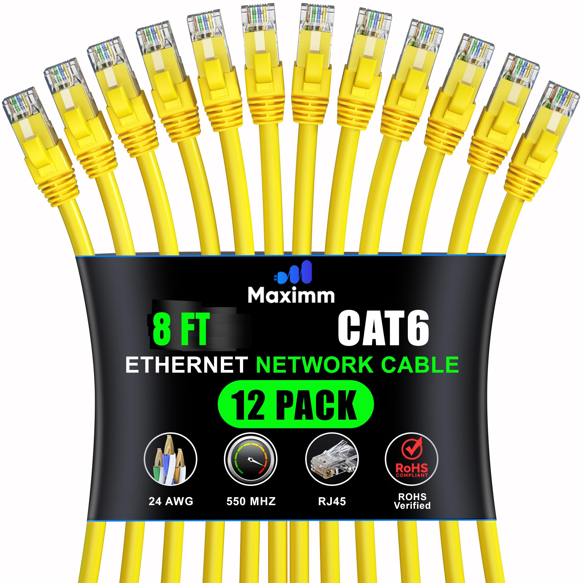 12-Pack 8ft Cat 6 Ethernet Cable, Yellow, UTP LAN Internet Network