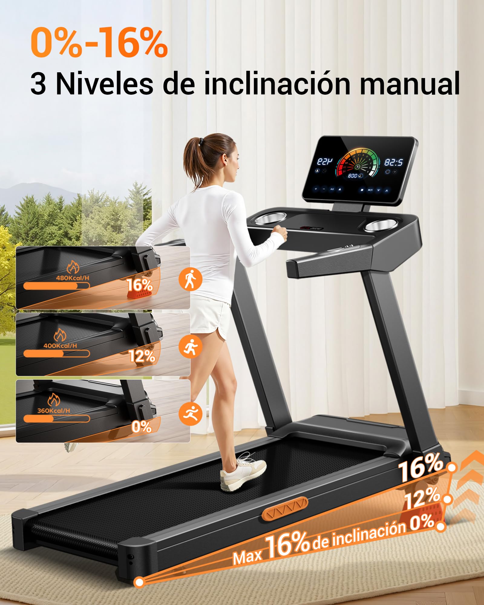 UMAY Cinta de Correr Plegable con Inclinación 16%, 14 KM/H | Cinta de Andar con Frecuencia Cardíaca, Caminadora Electrica para Casa con Pantalla LED,180kg