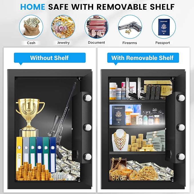 3.8 Cub Large Safe Box Fireproof Waterproof, Anti-theft Fireproof Safe with Digital Keypad, Spare Keys and 3 Removable Shelf, Security Home Safe for Money Firearm Valuables