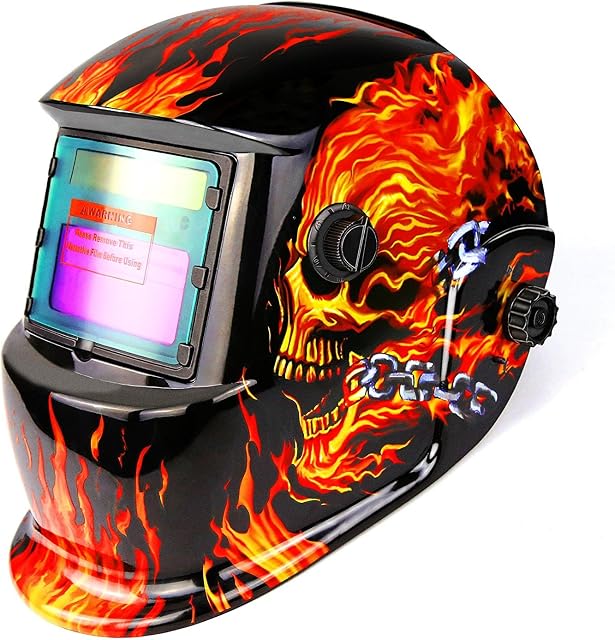 DEKO Welding Mask Solar Powered Auto Darkening Hood with Adjustable Shade Range 4/9-13 for Mig Tig Arc Welder Mask Shield Flaming Skull Design