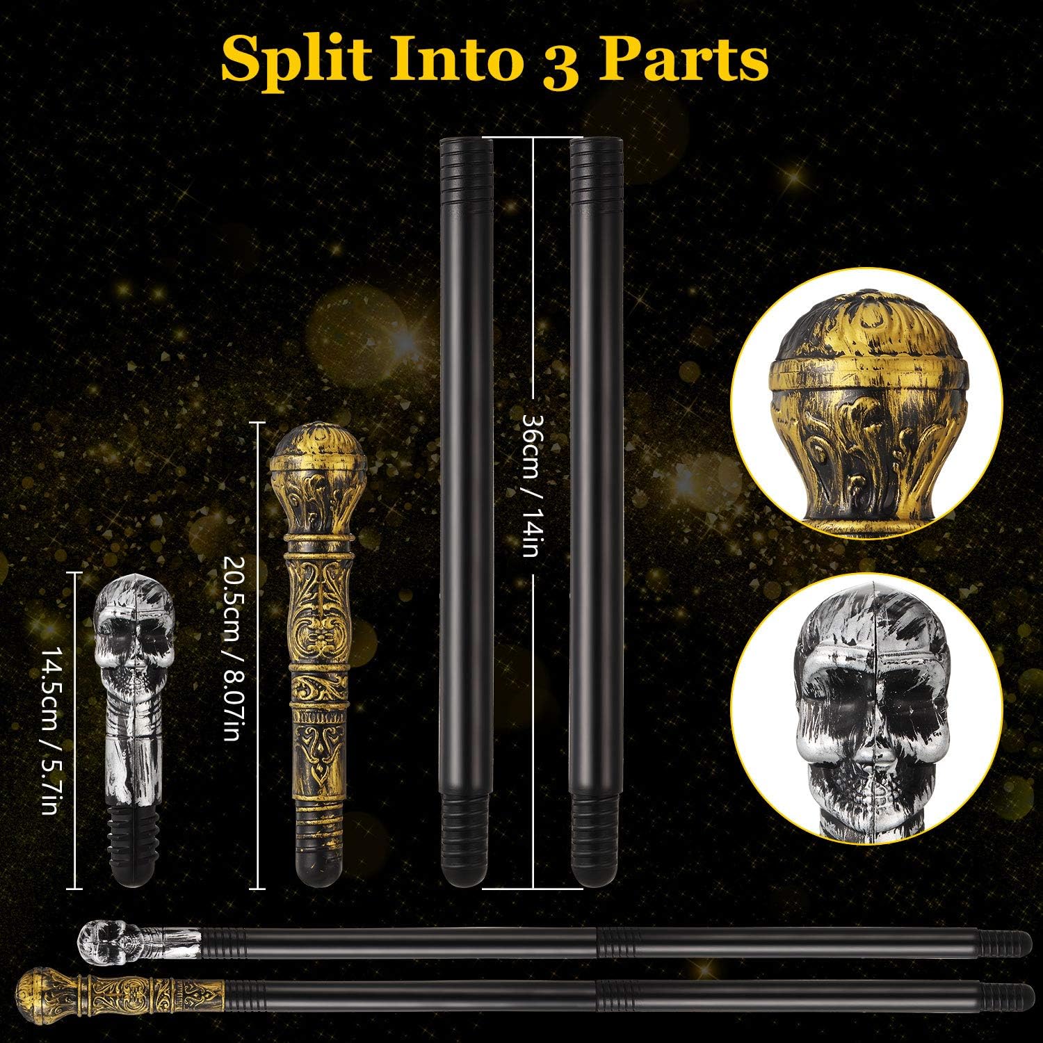 2 Pieces Antique Walking Cane Halloween Prop Stick Dress Pimp Canes Vintage Walking Stick for Adults Kids Costume Accessories, Silver and Gold : Clothing, Shoes & Jewelry