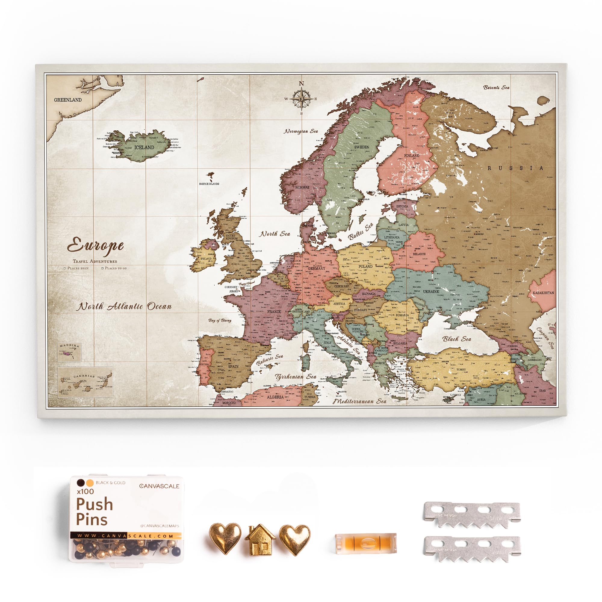 Canvas Europe Map with Cork Pin Board - Decorative Wall Decoration for All Rooms - Canvas Pictures with Europe Map Motif (70x50 cm, Pattern 20)