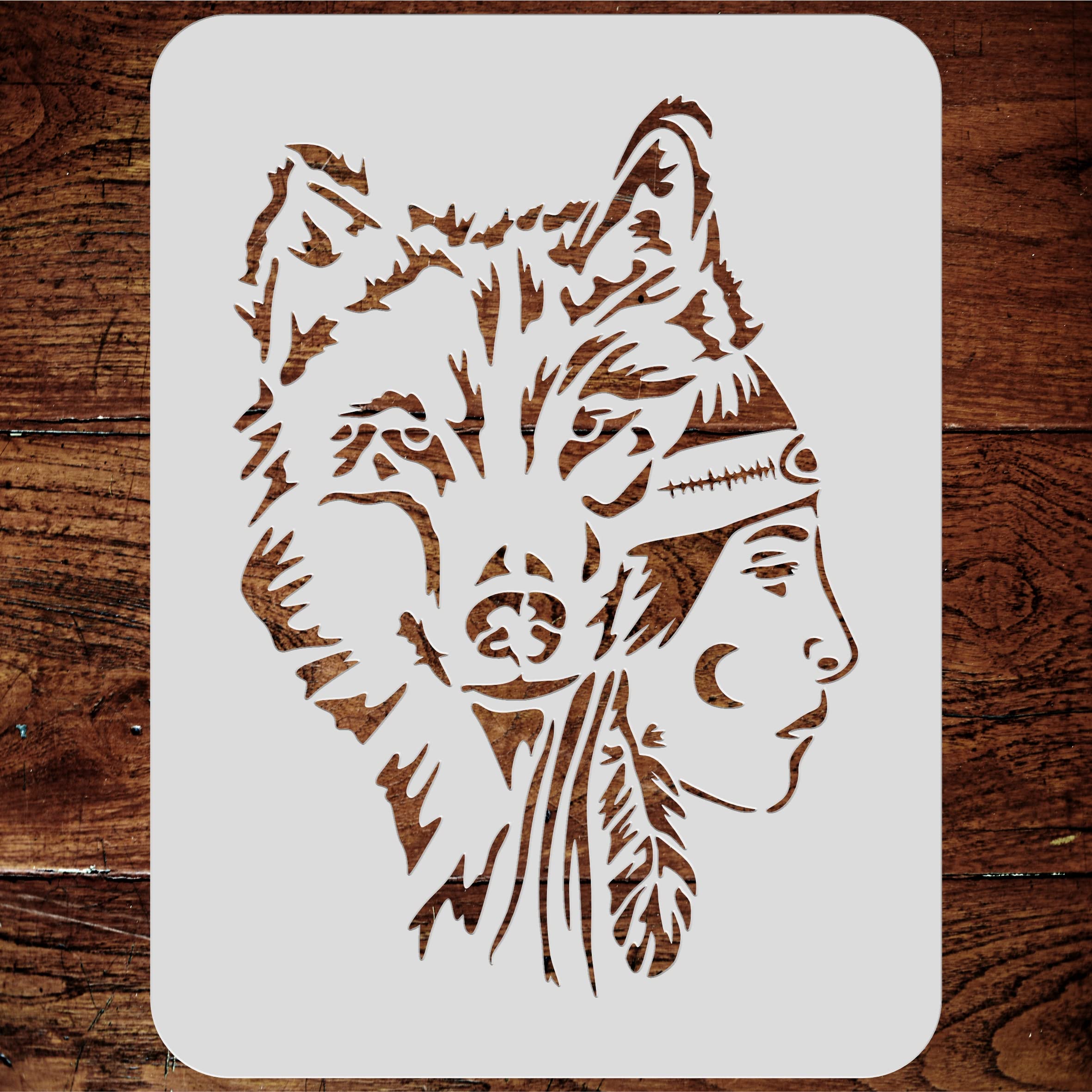 Wolf Girl Stencil, 11.43 x 16.5 cm (S) - Native American Protectors of Souls Spirit Guide Headdress Stencils for PaintingTemplate - Image 2
